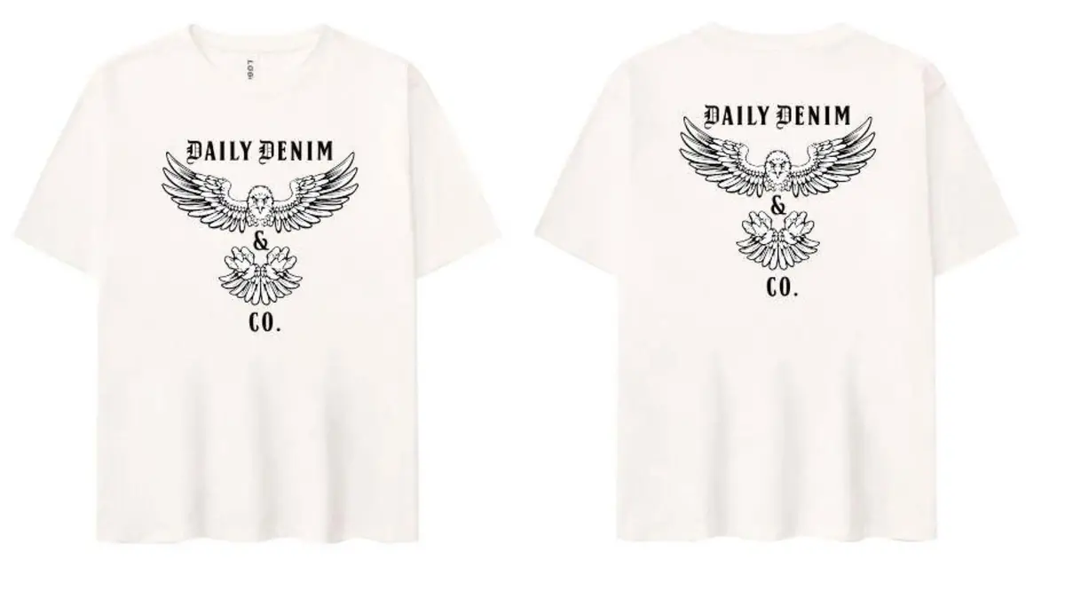 Natural Daily Denim & Co. Flight graphic T-shirt shown from the front and back